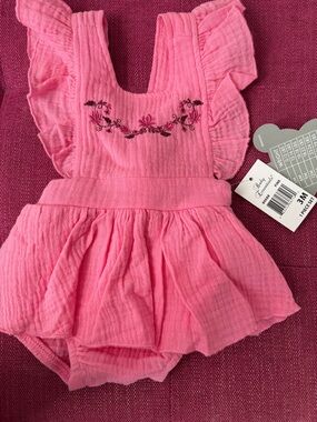 Baby Essentials Pink Ruffle Baby Romper with Floral Accent